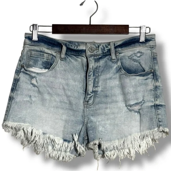 Eunina Light Blue Distressed Frayed Hem Micro Mini Jean Shorts - Picture 3 of 11